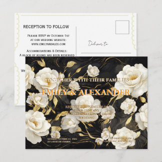 Elegant Svart Guld Blommig Vita Rosor Bröllopsinbj Inbjudan Vykort