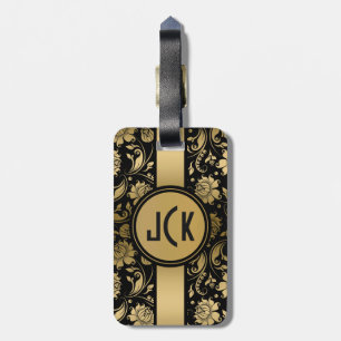 Elegant Svart & Guld Blommiga Damasker 3 Monogram Bagagebricka