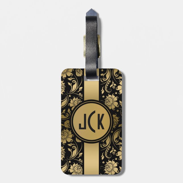Elegant Svart & Guld Blommiga Damasker 3 Monogram Bagagebricka (Baksidan Lodrät)