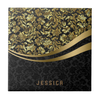 Elegant Svart & Guld Blommigt Damask-mönster Kakelplatta