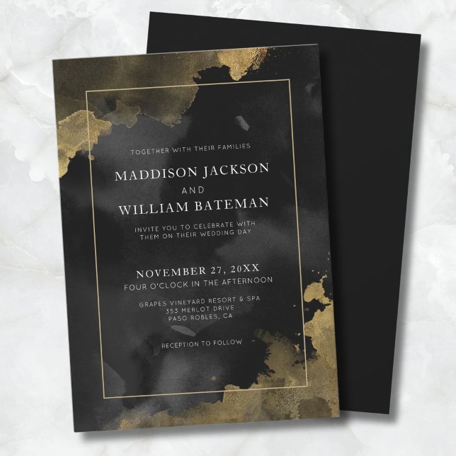 Elegant Svart Guld Bröllop Inbjudningar (Elegant Watercolor Black Gold Wedding Invitation)