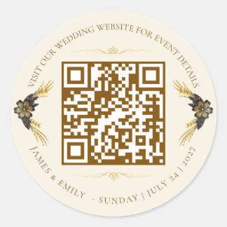 Elegant svart & guld bröllops QR-kod Runt Klistermärke