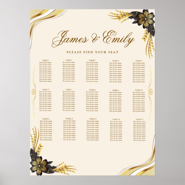 Elegant svart & guld bröllops sittplatskarta poster (Framsidan)