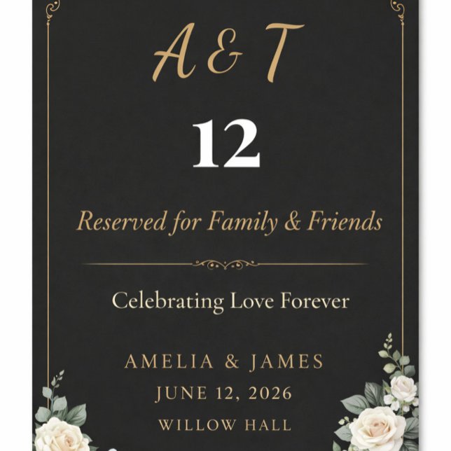Elegant svart guld bröllopsbordskort bordsnummer (Black and gold floral wedding table card with elegant typography and timeless romantic charm)
