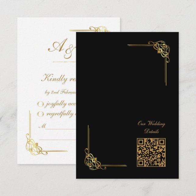 Elegant svart guld bröllopsevenemang QR-kod OSA Kort (Fram/baksida)