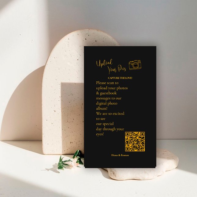 Elegant svart guld bröllopsfoto delning QR-kod Tilläggskort (Skapare uppladdad)