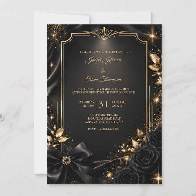 Elegant svart & guld bröllopsinbjudan inbjudningar (Framsida)