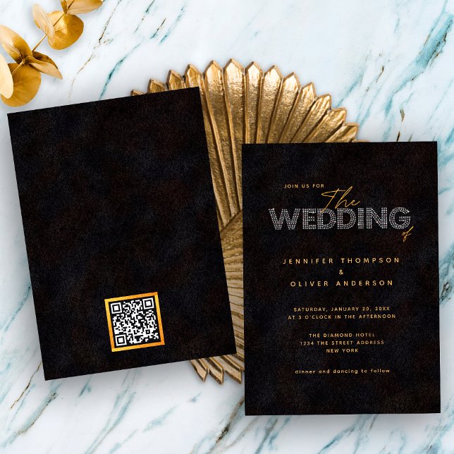 Elegant svart guld bröllopsinbjudan med QR-kod Inbjudningar (Front / Back)