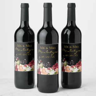 Elegant svart guld burgunder rosa blommig Mr & Mrs Vinflaska Etikett