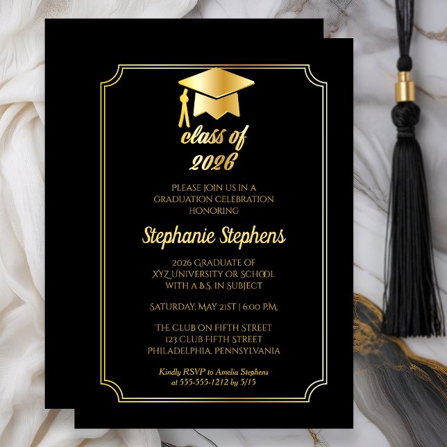 Elegant svart | Guld Cap College Graduation Party Inbjudningar (Class of 2026 Elegant Black Gold College Graduation Party)