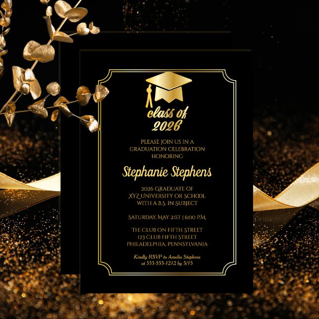 Elegant svart | Guld Cap College Graduation Party Inbjudningar (Elegant Black | Gold Tone Grad Cap 2026 College University Graduation Party Invitation Print Digital)