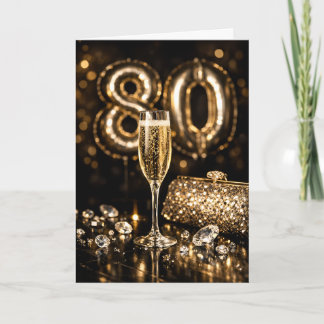 Elegant svart & guld champagne 80-årsdag kort