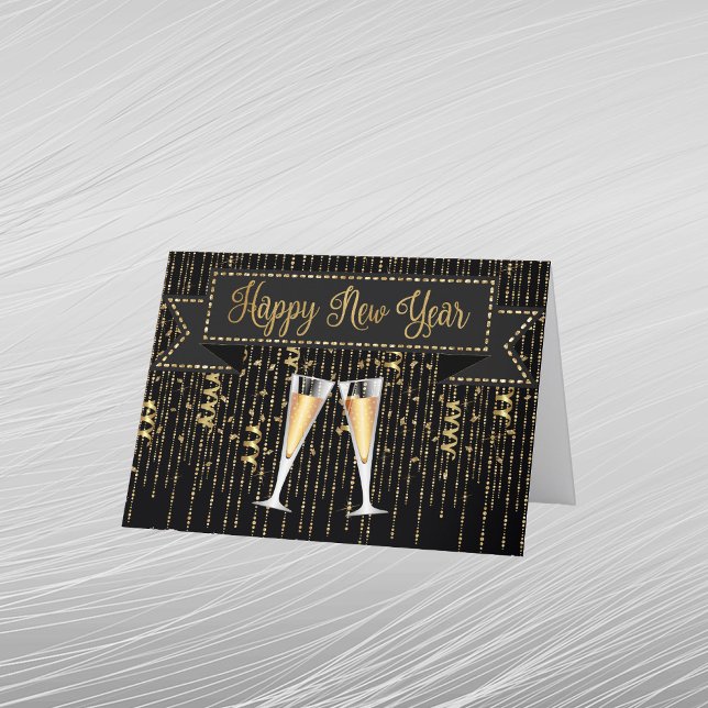 Elegant svart guld champagne nyår  helgkort (Skapare uppladdad)