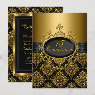 Elegant svart guld Damask Quinceanera inbjudan
