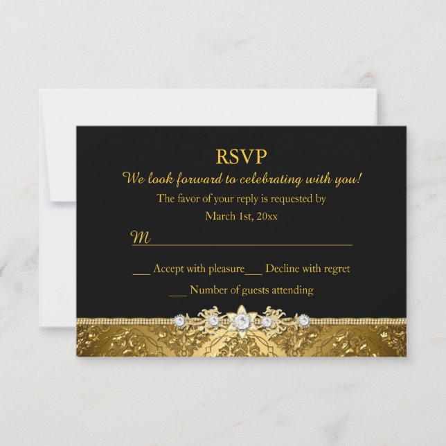 Elegant svart & guld Damask RSVP Inbjudningar (Framsida)