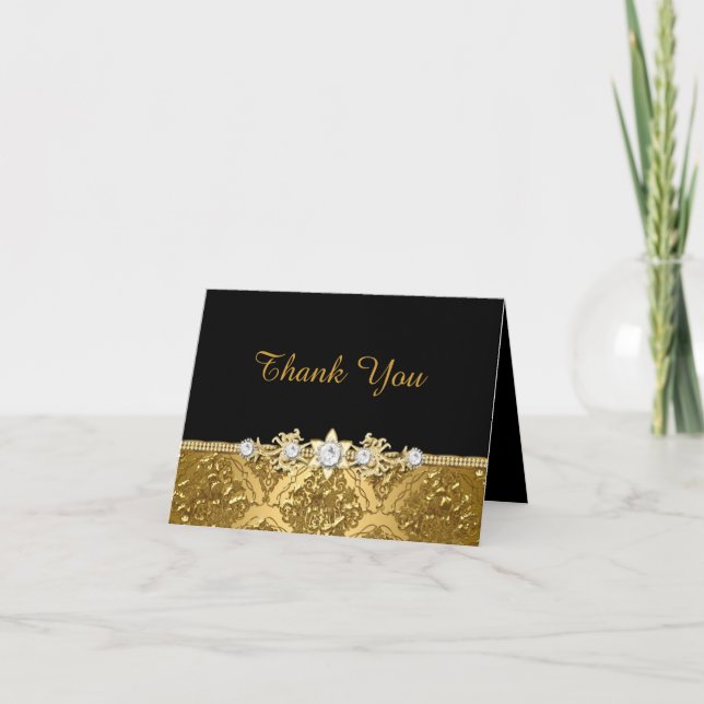 Elegant svart & guld Damask tackkort (Framsida)