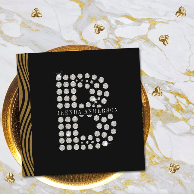 Elegant svart guld diamant initial B monogram QR-k Fyrkantigt Visitkort (Front)