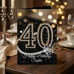 Elegant svart guld diamanter pärlor 40-årsdag kort