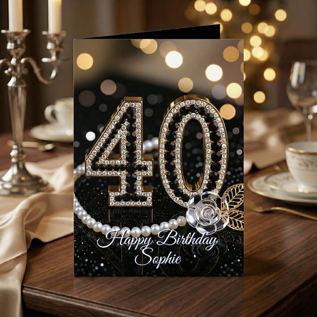 Elegant svart guld diamanter pärlor 40-årsdag kort (Skapare uppladdad)