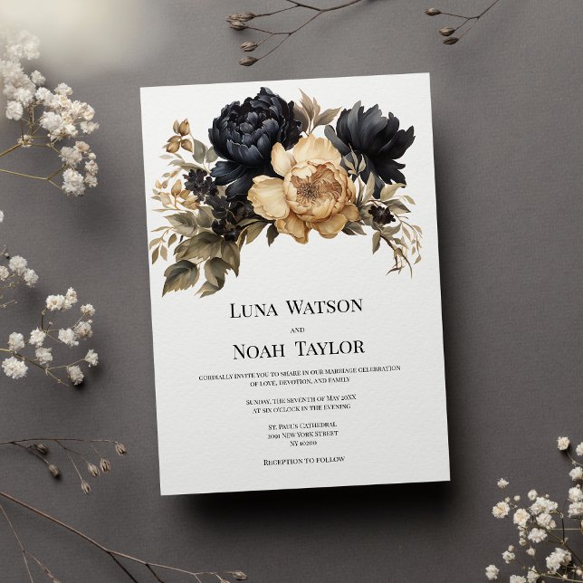Elegant svart guld elfenben blommigt Bröllop Inbjudningar (Elegant black gold ivory peony floral Wedding)