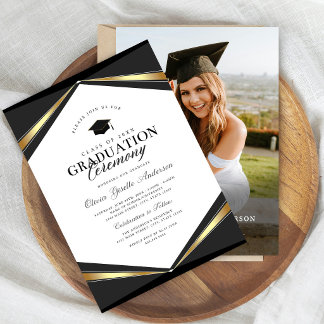 Elegant svart & guld examensfoto-inbjudan inbjudningar