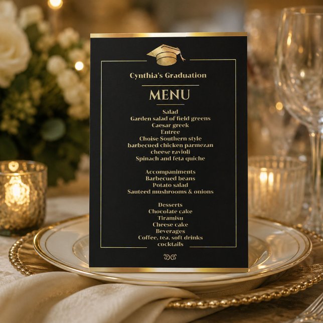 Elegant svart & guld examensmiddagsmeny inbjudningar (#menuinvitation #menugraduationinvitation #graduationblackgoldinvitation #goldcapgraduation #modern)
