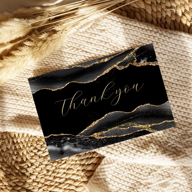 Elegant Svart & Guld Examenstak Tack Kort (elegant black and gold agate thank you card)