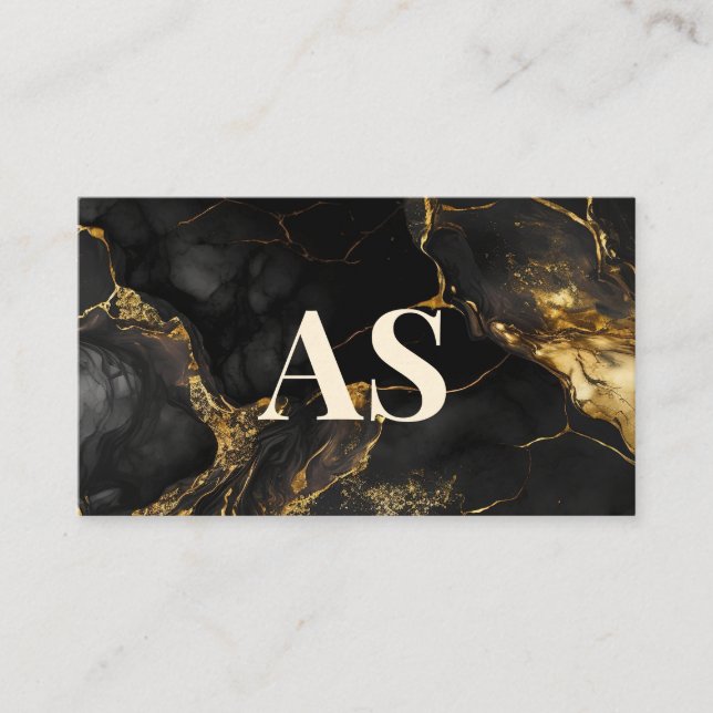 Elegant svart guld faux glitter marble monogram tidsbeställning kort (Framsida)