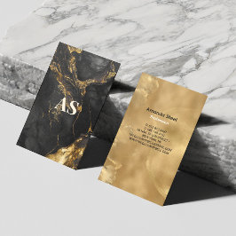 Elegant svart guld faux glitter marble monogram visitkort