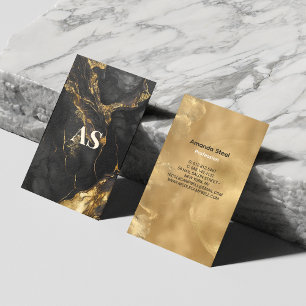 Elegant svart guld faux glitter marble monogram visitkort