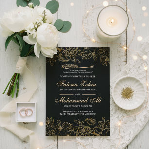 Elegant svart guld floral muslimsk vigsel Nikah Inbjudningar