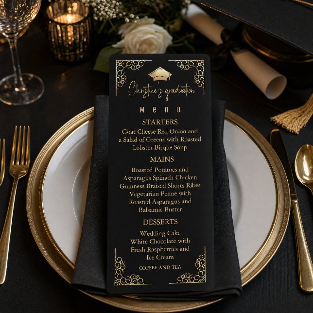 Elegant svart guld folie Examen Meny (#menuinvitation #graduationcap #graduationinvitation #graduationparty #blackgoldinvitation)