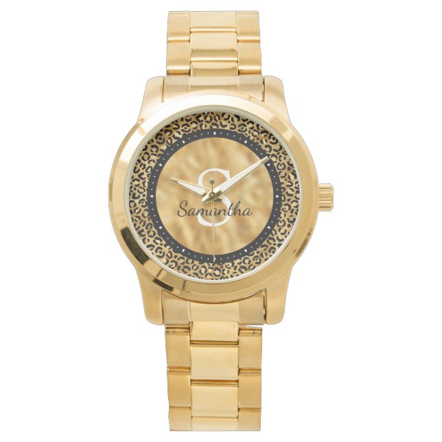 Elegant svart guld folie leopard namn monogram armbandsur (Framsida)