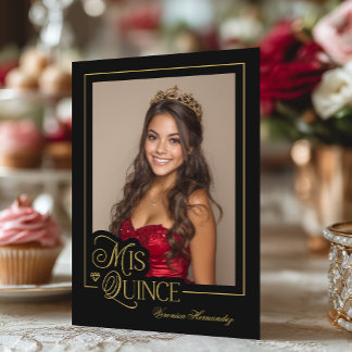 Elegant svart guld foto Mis Quince Quinceañera Inbjudningar