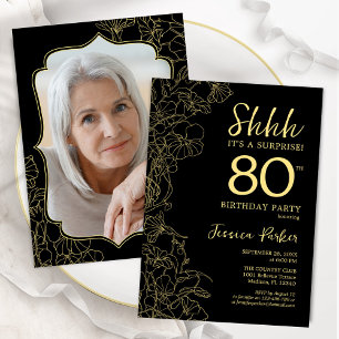 Elegant svart guld foto överraskning 80-årsdag inbjudningar