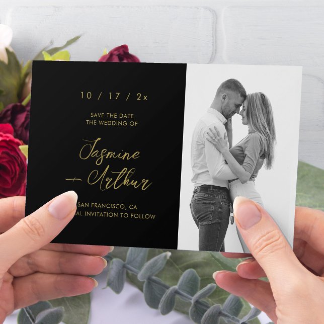 Elegant svart & guld foto Save the Date Inbjudningar (Elegant Black & Gold Photo Save the Date Invitatio)