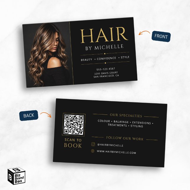 Elegant svart guld frisör visitkort (Elegant Black Gold Hair Stylist Business Card)