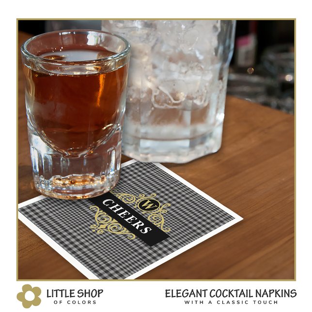 Elegant svart guld Glen Plaid Monogramm Pappersservett (Skapare uppladdad)