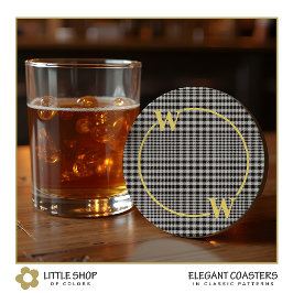 Elegant svart guld Glen-rutig monogram Underlägg Papper Rund