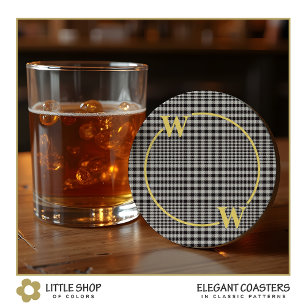 Elegant svart guld Glen-rutig monogram Underlägg Papper Rund