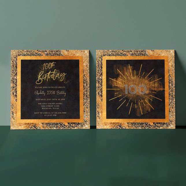 Elegant svart guld glitter 100-års födelsedagsfest inbjudningar (Front / Back)