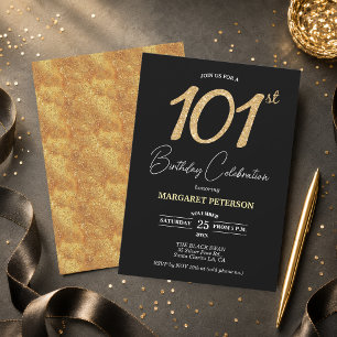 Elegant svart guld glitter 101-års födelsedagsfest inbjudningar