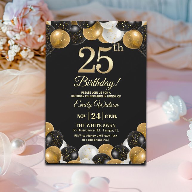 Elegant svart guld glitter 25-års födelsedagsfest inbjudningar (Skapare uppladdad)