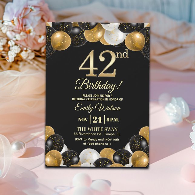 Elegant svart guld glitter 42-årsfest inbjudningar (Skapare uppladdad)