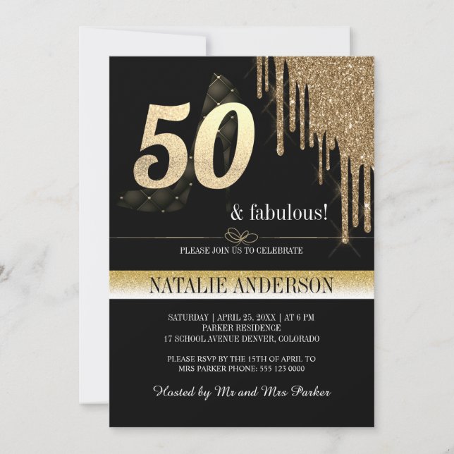 Elegant svart guld glitter 50-års födelsedagsfest inbjudningar (Framsida)
