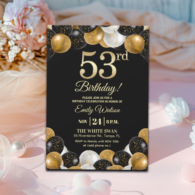Elegant svart guld glitter 53-årsfest inbjudningar (Skapare uppladdad)