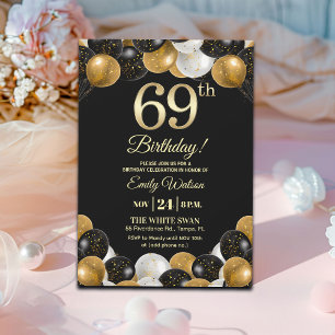 Elegant svart guld glitter 69-års födelsedagsfest inbjudningar