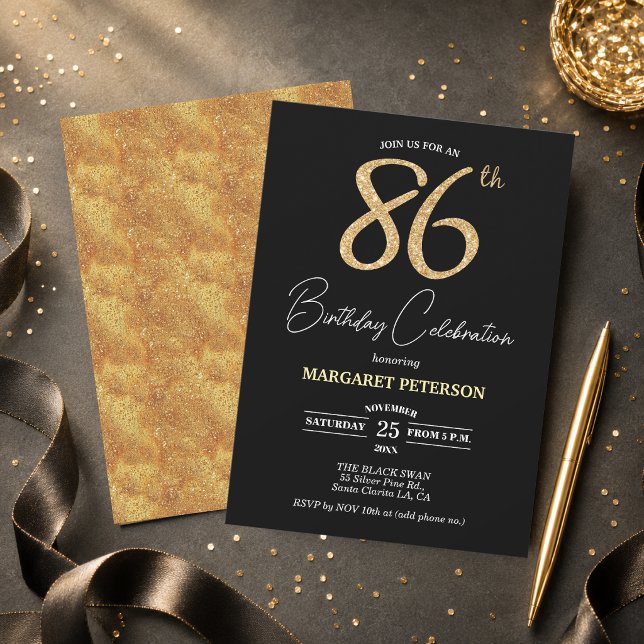 Elegant svart guld glitter 86-års födelsedagsfest inbjudningar (Skapare uppladdad)