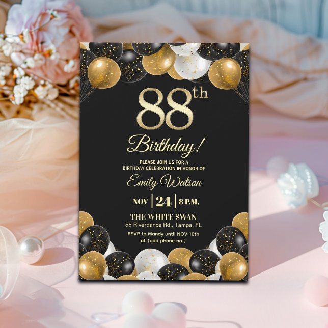 Elegant svart guld glitter 88-årsdag  inbjudningar (Skapare uppladdad)