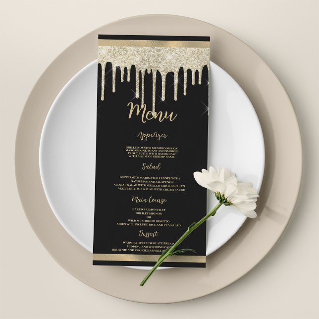 Elegant svart guld glitter droppar Bröllop Menu Program (Elegant black gold glitter drips Wedding Menu)